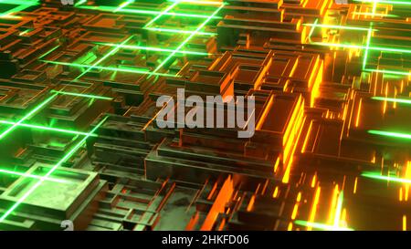 3D Render Computerprozessorchip auf einer Leiterplatte mit Mikrochips. AI. Leiterplatte. Technologiehintergrund. CPU für zentrale Computerprozessoren. Mothe Stockfoto