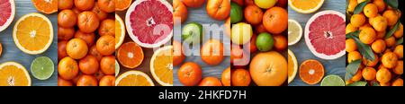 Collage mit Zitrusfrüchten wie Zitronen, Orangen, Grapefruits, Limetten und Mandarinen Stockfoto