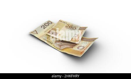 3D Rendering von Zloty-Noten mit Schatten in Doppelpolitur Stockfoto