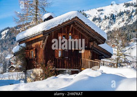 Frankreich, Haute-Savoie (74), Chablais-Massiv, Samoëns, Grand Massif, Traditionelles Chalet im Weiler Chantemerle Stockfoto