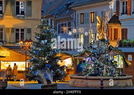 Frankreich, Haut Rhin, Thann, Place Saint Thiebaut, Brunnen Saint Thiebaut, Markt und Weihnachtsbeleuchtung Stockfoto