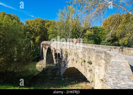 Spanien, Navarra, Pamplona (Iruña), Etappe auf dem Camino Francés, spanische Pilgerroute nach Santiago de Compostela, UNESCO-Weltkulturerbe, mittelalterliche Magdalena-Brücke über den Fluss Arga Stockfoto