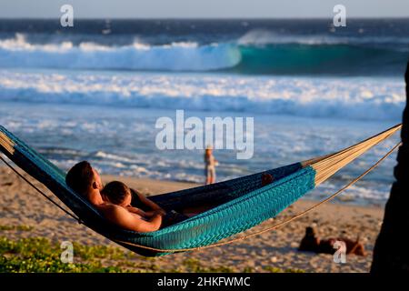 Frankreich, Réunion Island (französisches Überseedepartement), Petite-Ile an der Südküste, Grande Anse Beach, Hängematte zwischen zwei Palmen Stockfoto