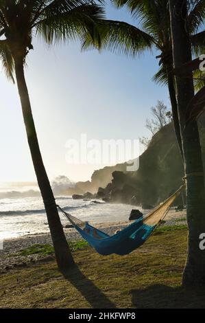 Frankreich, Réunion Island (französisches Überseedepartement), Petite-Ile an der Südküste, Grande Anse Beach, Hängematte zwischen zwei Palmen Stockfoto