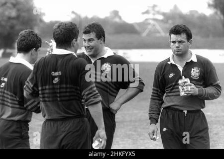 Will Carling und Jason Leonard während des Trainings für die British and Irish Lions Tour 1993 durch Neuseeland Stockfoto