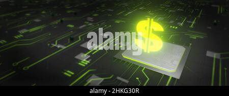 US-Dollar-Zeichen Hologramm über futuristischem Electronic Circuit Banner 3D Rendering Stockfoto