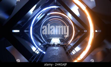 3D Rendern. Abstrakter Sci-Fi-Raumschiffkorridor im Innenbereich mit gelb und blau leuchtenden Neon-Röhrenlichtern. Futuristisches Design Raumschiff Innenraum Stockfoto