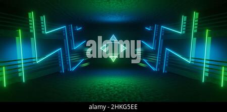 Abstrakter grüner Neon-Hintergrund mit Lichtern und Linien 3D Illustration Stockfoto