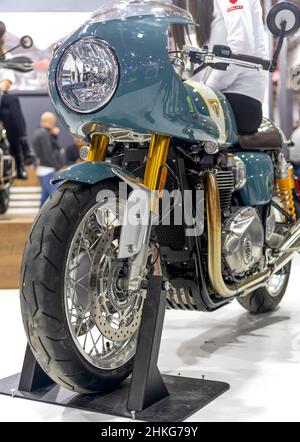 Detailansicht des Triumph Thruxton Motorrads. Internationale Motorradausstellung, Istanbul. Stockfoto