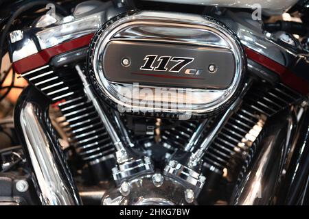 Eine Nahaufnahme des Harley Davidson Fat Boy Motorblocks in der Seitenansicht. Stockfoto