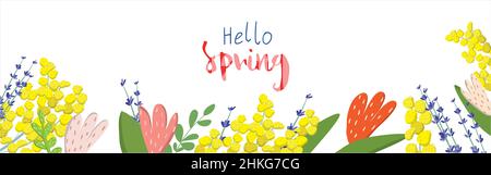 Banner mit Blumen und botanischen Blättern auf weißem Hintergrund. Vektorgrafik. Banner für Werbeaktionen, Magazine, Werbung, Websites. Stock Vektor