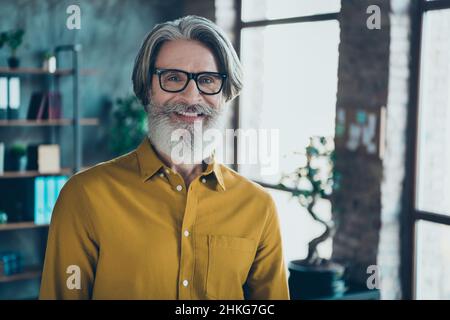 Porträt eines attraktiven, fröhlichen, erfahrenen intellektuellen, grauhaarigen Leiters am Arbeitsplatz in Innenräumen Stockfoto