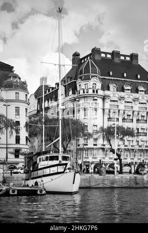 Blick auf Stockholm in Schweden. Schwarzweiß-Fotografie, Stadtbild Stockfoto