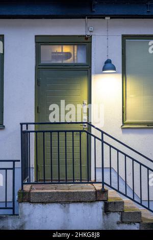 Alte, abgenutzte, grün gestrichene Holztür mit einer Betontreppe davor Stockfoto