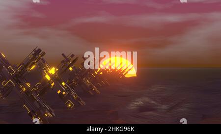 3D Rendern. Abstrakt Sci Fi Alien Terrain Hintergrund mit Sonnenuntergang. Stilisierte Vintage-Cyberpunk , Digitale Landschaft in einer Cyber-Welt Stockfoto