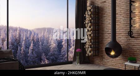 3D Abbildung. Modernes Interieur eines Loft-Hotels in den Bergen. Winterchalet mit Kamin im Wald. Alpen Stockfoto