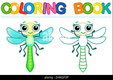 Lustige Libelle. Färbung Insekt in einem Cartoon-Stil Stock Vektor