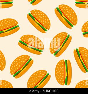 Nahtloser Hintergrund mit Hamburgern. Vektorgrafik. Abstraktes, farbenfrohes Nahtmuster mit leckeren Hamburgern Stock Vektor