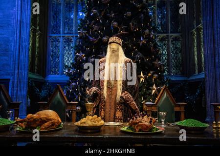 Leavesden, Großbritannien - 9th 2022. Januar: Eine festliche große Halle von Hogwarts und ein Dumbledore-Kostüm bei der Making of Harry Potter-Tour im Warner Bros. Stu Stockfoto