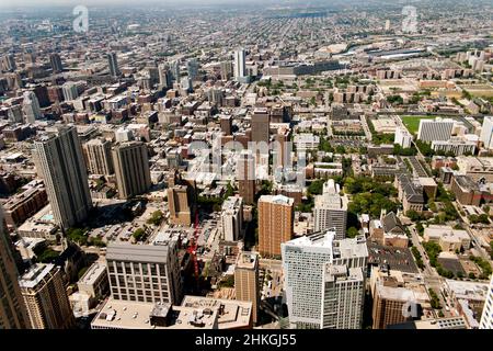 Luftaufnahme von Chicago, von der Aussichtsplattform des John Hancock Center, Chicago, Illinois Stockfoto