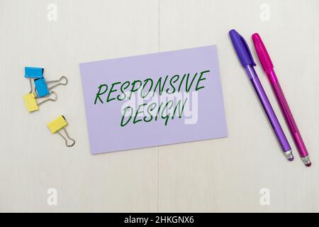 Textunterschrift mit Responsive Design. Wort geschrieben auf Web-Seite Erstellung, die Verwendung von flexiblen Layouts auffällig Schule Bürobedarf macht Stockfoto