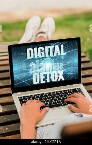 Hand schreiben Zeichen Digital Detox. Geschäftsübersicht Verbot der Verwendung elektronischer und digitaler Geräte Laptop ruht auf der Runde der Frau mit Kreuz Stockfoto