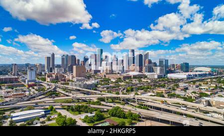 Downtown Houston, Texas, USA Drone Skyline Aerial Panorama. Stockfoto