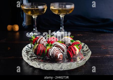 Mit Schokolade überzogene Erdbeeren und Weinbeeren mit Champagner: Kandierte Beeren mit Sektgläsern im Hintergrund Stockfoto