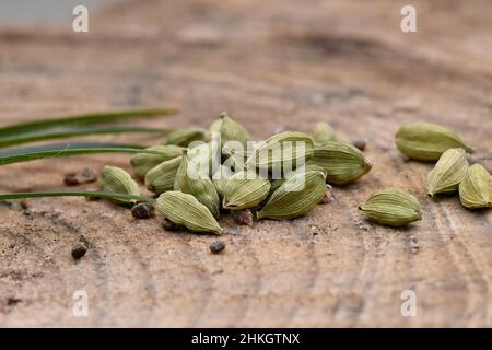 Nahaufnahme des Bündels grün reifen Kardamom mit grünen Blättern über aus Fokus hölzernen Hintergrund. Stockfoto