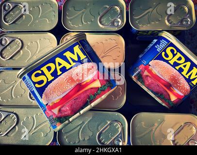 Dosen von Spam Luncheon Meat, USA Stockfoto