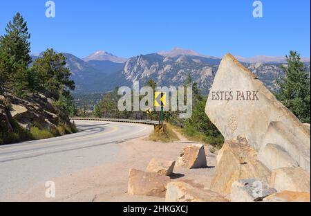 Der malerische Ferienort an den Rocky Mountains, Estes Park CO Stockfoto