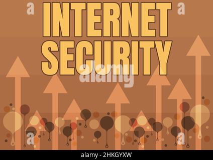 Textunterschrift mit Darstellung von Internet Security. Konzept für Sicherheit, das sich genau mit internetbasierten Bedrohungen befasst Illustration eines Long Arrows Floati Stockfoto