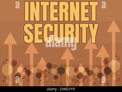 Textunterschrift mit Darstellung von Internet Security. Konzept für Sicherheit, das sich genau mit internetbasierten Bedrohungen befasst Illustration eines Long Arrows Floati Stockfoto