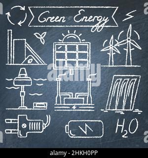Collection of renewable energy hand drawn style icons. Different types of ecological electricity sources symbols. Stock Vektor