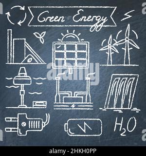 Sammlung von erneuerbaren Energien handgezeichneten Stil Ikonen. Verschiedene Arten von ökologischen Stromquellen Symbole. Stock Vektor