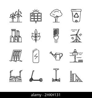 Sammlung von Energie- und Ökologie-Ikonen im Thin-Line-Stil. Erneuerbare Energiequellen, Ökologietransport und Objekte in linearen Symbolen auf Weiß isoliert Stock Vektor