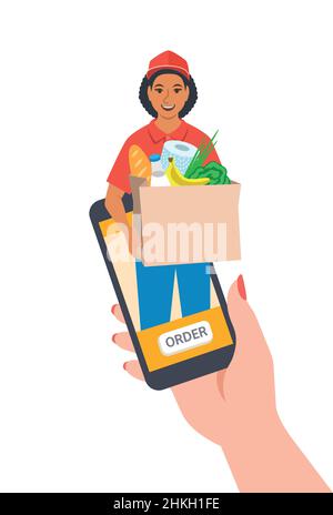Express-Lieferkonzept. Der Kunde bestellt online über die Smartphone-App und bekommt sie schnell. Freundlicher Kurier gibt b eine Papiertüte mit Lebensmitteln Stock Vektor