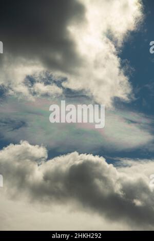 Verschiedene Farben in Wolke am blauen Himmel zwischen weißen Wolken Blaupinken und Grünsonnen Reflexion in Wolken am blauen Himmel atmosphärische Wirkung oben Stockfoto