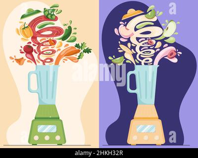 Gemüse und Obst frisch Smoothie in einem elektrischen Mixer zubereiten, gesunde Bio-Lebensmittel in einem flachen Cartoon-Stil zubereiten. Stock Vektor