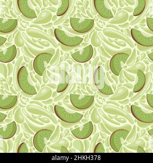 Nahtloses Fruchtmuster für Textilprodukte, Kiwi-Stücke mit Saftspritzern, Kiwi-Smoothie im flachen Stil. Stock Vektor