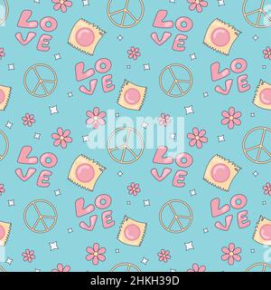 Blumen, Liebesworte, Sterne und Wrapper auf dem blauen Hintergrund im Cartoon-Stil von 70s . Abstraktes Nahtloses Muster. Illustration. Stock Vektor