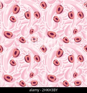 Frucht nahtloses Muster für Textilprodukte, Kirschstücke mit Saftspritzern, Kirsch-Smoothie im flachen Stil. Stock Vektor