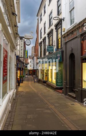 Entlang der Norwich Lanes an einem späten Nachmittag Wintertag, City of Norwich, England Stockfoto