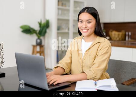 Intelligente asiatische Frau, die die Kamera anschaut und am Schreibtisch vor dem Laptop sitzt. Erfolgreiche Geschäftsfrau liebt ihren Job und ist bereit für die nächste Herausforderung Stockfoto