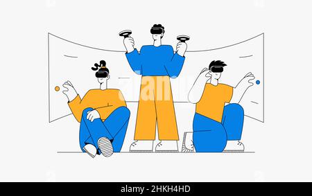Eine Gruppe von Menschen verwendet Virtual-Reality-Brillen und Gaming-Zubehör. Das Konzept der virtuellen Spiele. Vektordarstellung Stock Vektor