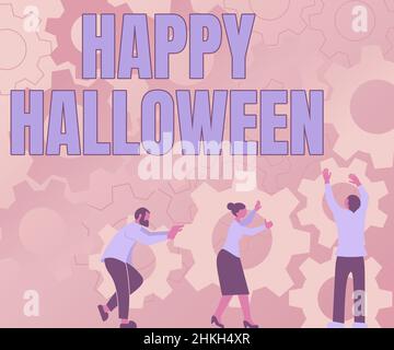 Handschriftenschild Happy Halloween. Wort geschrieben am Abend vor den christlichen heiligen Tagen des Allerheiligsten Tages Kollegen mit Zahnrädern arrangieren Stockfoto