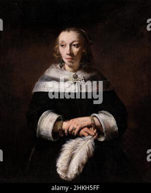 Porträt einer Dame mit einem Strauß-Feder-Fächer von Rembrandt van Rijn (1606-1669), Öl auf Leinwand auf Leinwand übertragen, c. 1656/8 Stockfoto