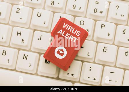 Schreiben mit dem angezeigten Text Virus Alert. Überblick über das Unternehmen Virenwarnung Tägliches Eingeben von Erinnerungsnotizen, Erstellen einer Online-Schreibsträsentation Stockfoto