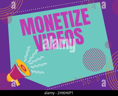 Hand schreiben Zeichen monetize Videos. Unternehmensüberblick Prozess des Geldverdienens aus Ihren hochgeladenen YouTube-Videos Illustration eines lauten Megaphons Stockfoto