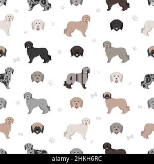Pyrenäen-Schäferhund, langhaarig, nahtloses Muster. Verschiedene Posen, Fellfarben eingestellt. Vektorgrafik Stock Vektor
